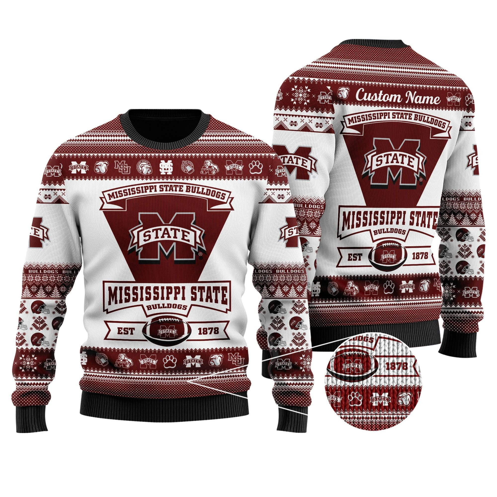 Mississippi State Bulldogs Football Team Logo Personalized Ugly Christmas Sweater Adult 3D Funny Matching for family