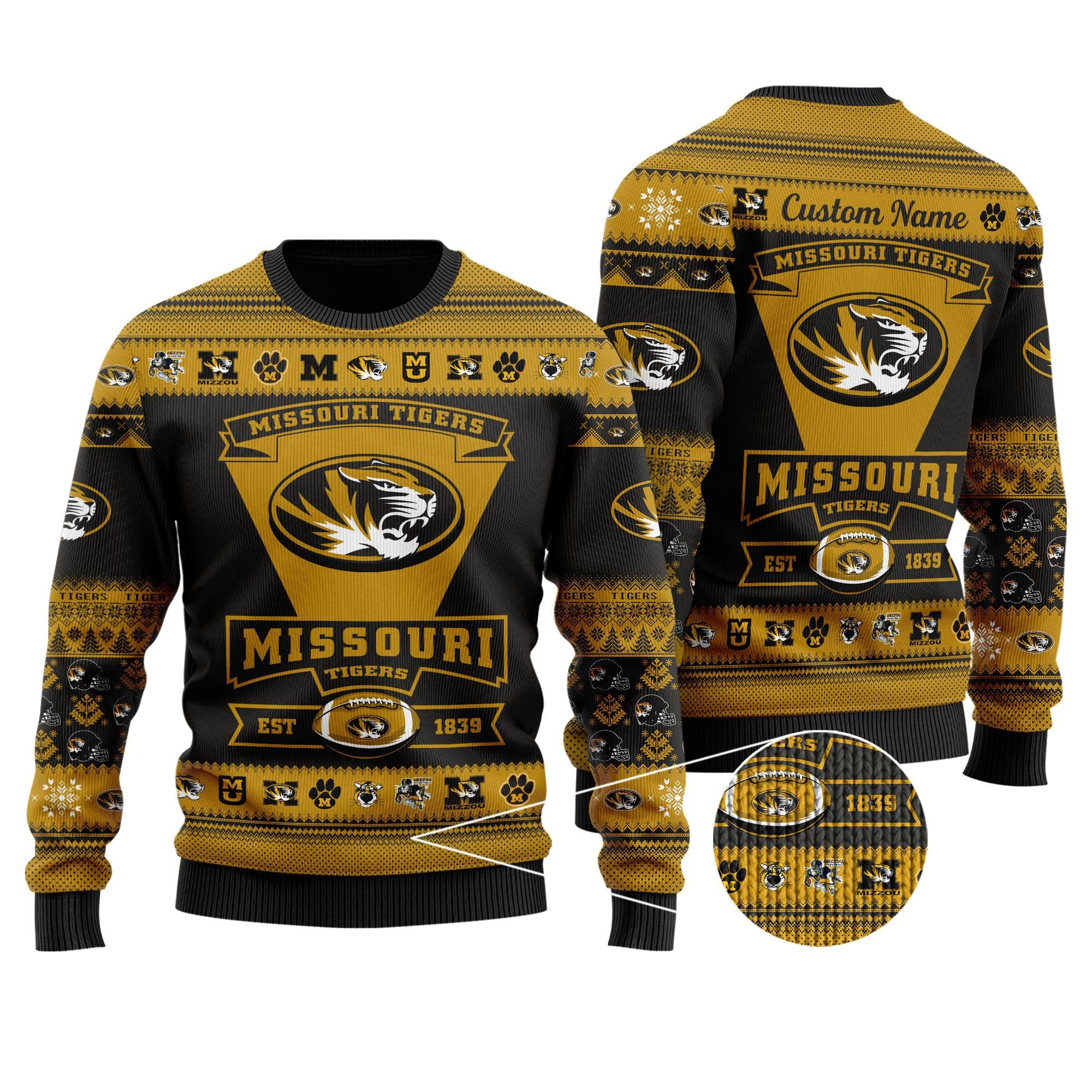 Missouri Tigers Football Team Logo Custom Name Personalized Ugly Christmas Sweater Adult 3D Funny Matching for family