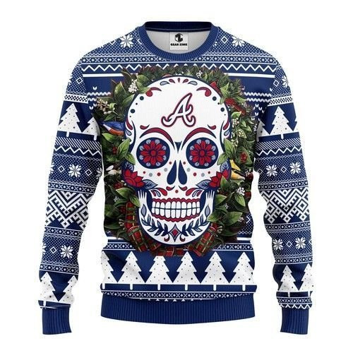 Mlb Atlanta Braves Skull Flower Ugly Christmas Sweater Adult 3D Funny Matching for family