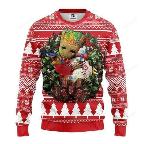 Mlb Boston Red Sox Groot Hug Ugly Christmas Sweater Adult 3D Funny Matching for family