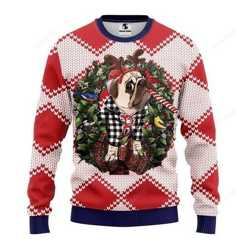 Mlb Boston Red Sox Pug Dog Ugly Christmas Sweater Adult 3D Funny Matching for family
