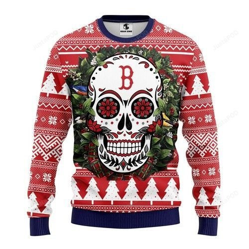 Mlb Boston Red Sox Skull Flower Ugly Christmas Sweater Adult 3D Funny Matching for family