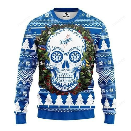 Mlb Los Angeles Dodgers Skull Flower Ugly Christmas Sweater Adult 3D Funny Matching for family