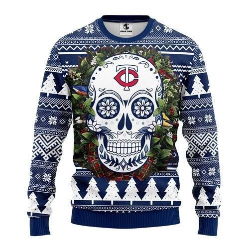 Mlb Minnesota Twins Skull Flower Ugly Christmas Sweater Adult 3D Funny Matching for family