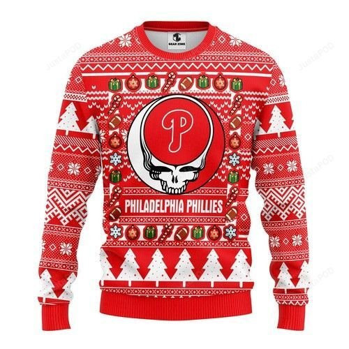Mlb Philadelphia Phillies Grateful Dead Ugly Christmas Sweater Adult 3D Funny Matching for family