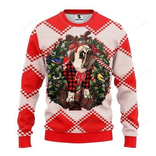 Mlb Philadelphia Phillies Pug Dog Ugly Christmas Sweater Adult 3D Funny Matching for family