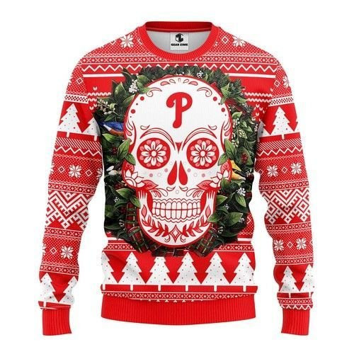 Mlb Philadelphia Phillies Skull Flower Ugly Christmas Sweater Adult 3D Funny Matching for family