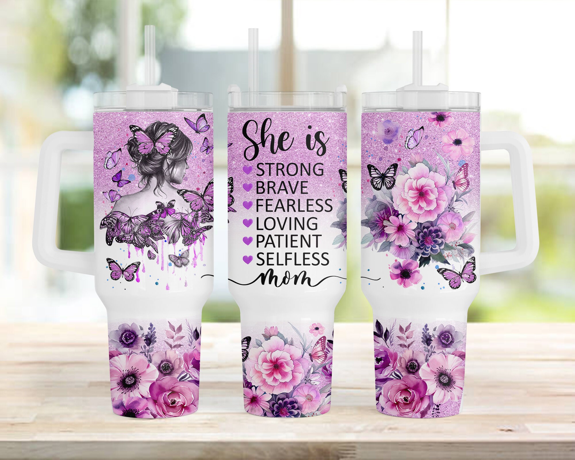 Mom Affirmations Glitter Floral Butterflies Custom Stanley Cup 40 oz 30 oz Tumbler With HandleTVC2301960