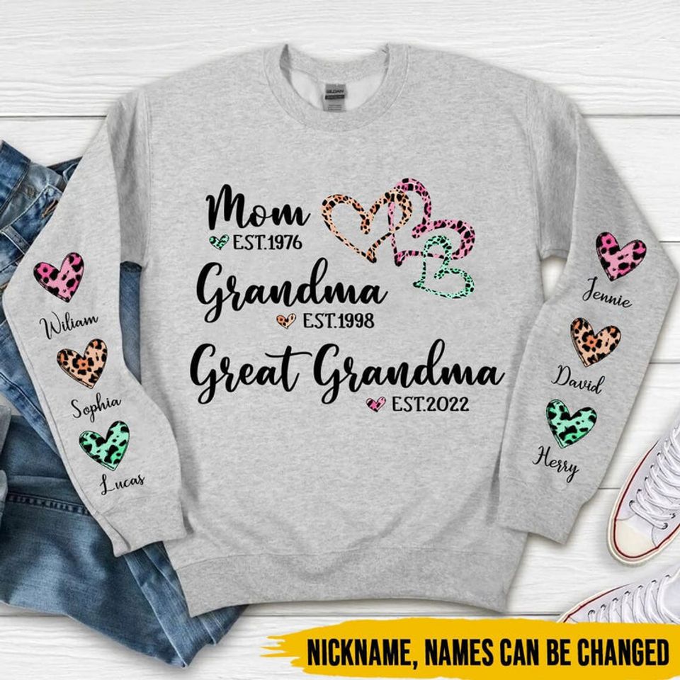 Mom Est Grandma Est Great Grandma Heart Leopard Personalized 3D Sweater