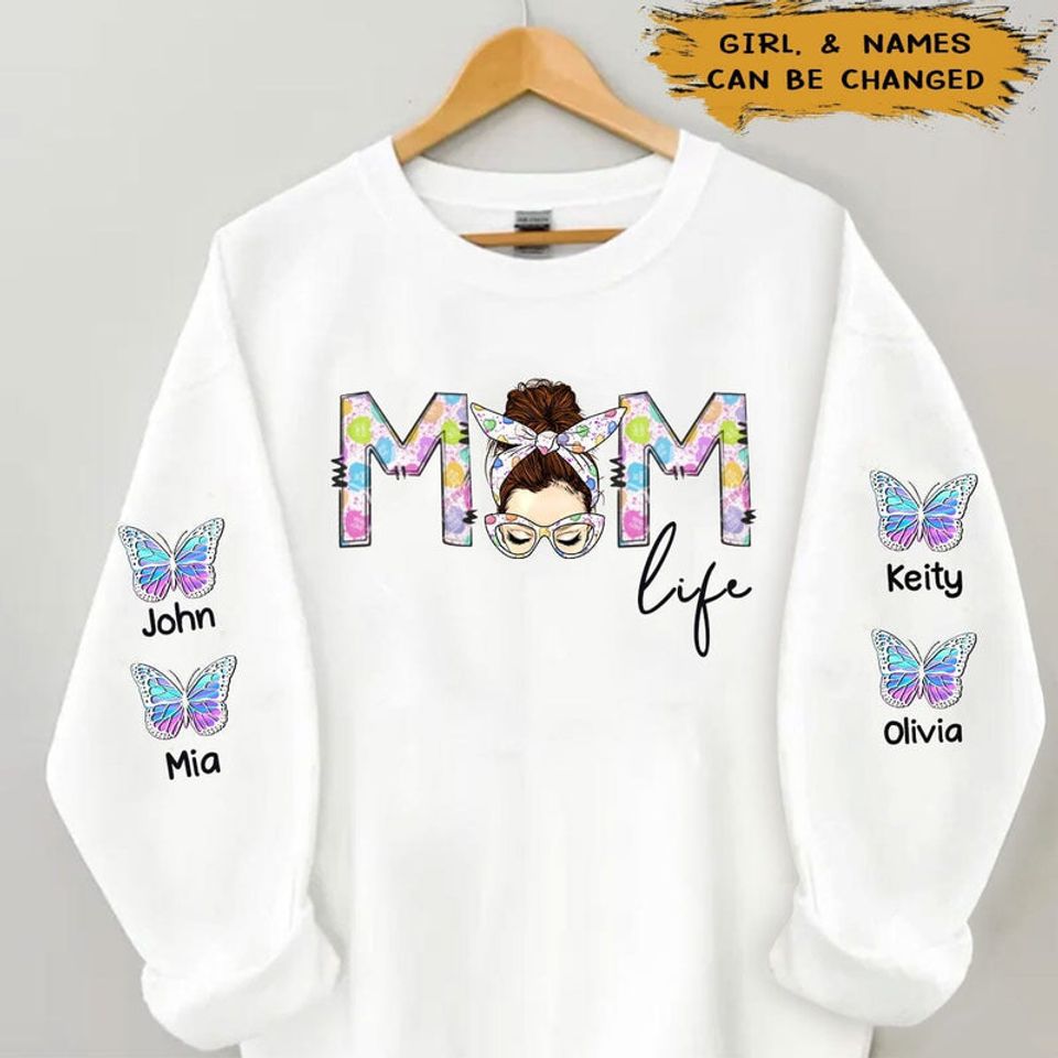 Mom Life Messy Bun With Grandkids Butterflies Personalized 3D Sweatshirt