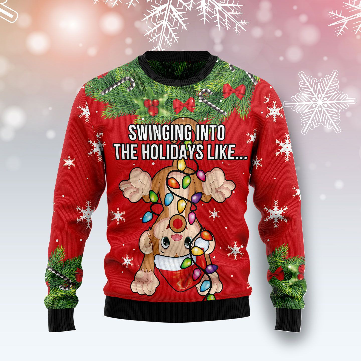 Monkey Swing Into The Holiday Ugly Christmas Sweater Adult 3D Funny Matching for family