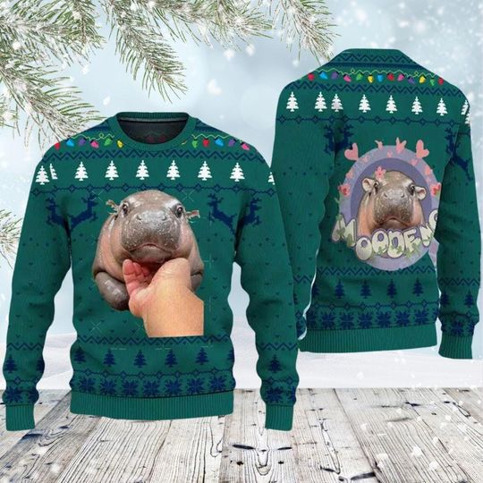 Moo Deng Bouncy Pig Christmas Ugly Sweater, Cute Baby Hippo - Image 5
