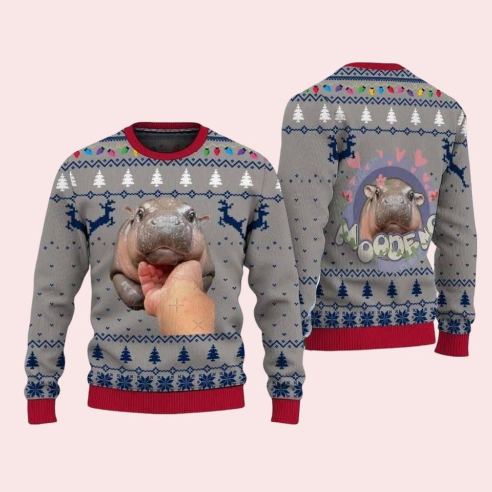 Moo Deng Bouncy Pig in Thai Sweater, Cute Baby Hippo Shirt, Baby Hippo
