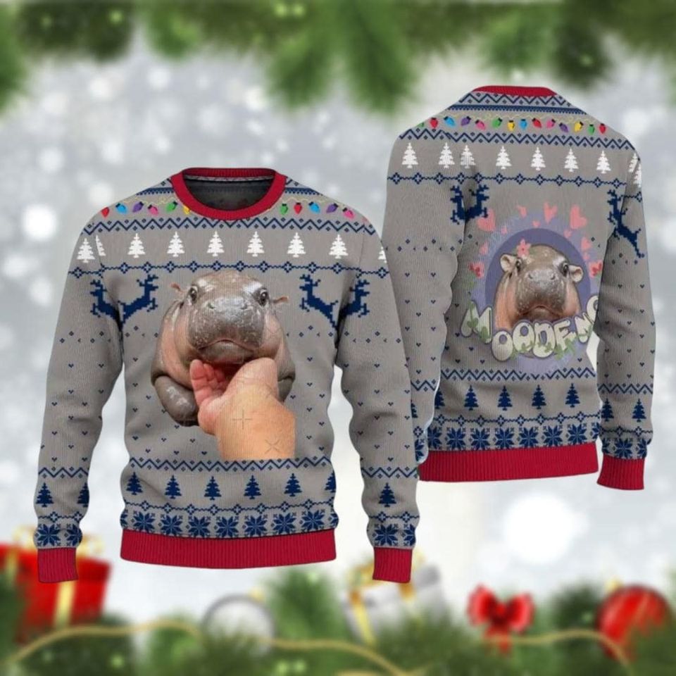 Moo Deng Bouncy Pig Meme Ugly Christmas Sweater, Cute Thai Baby Hippo Sweater, Perfect Gift For Hippo And Animal Lovers Ugly Sweater