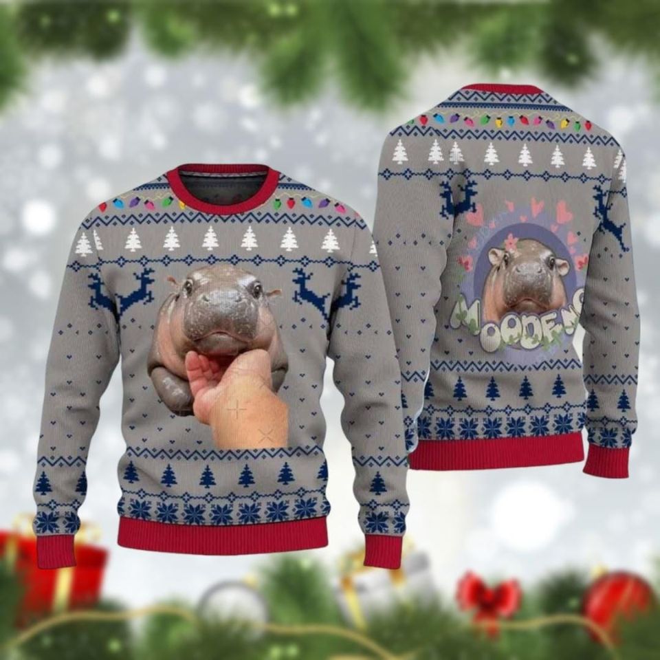 Moo Deng Bouncy Pig Meme Ugly Christmas Sweater, Cute Thai Baby Hippo Sweater, Perfect Gift For Hippo And Animal Lovers Ugly Sweater - Image 2