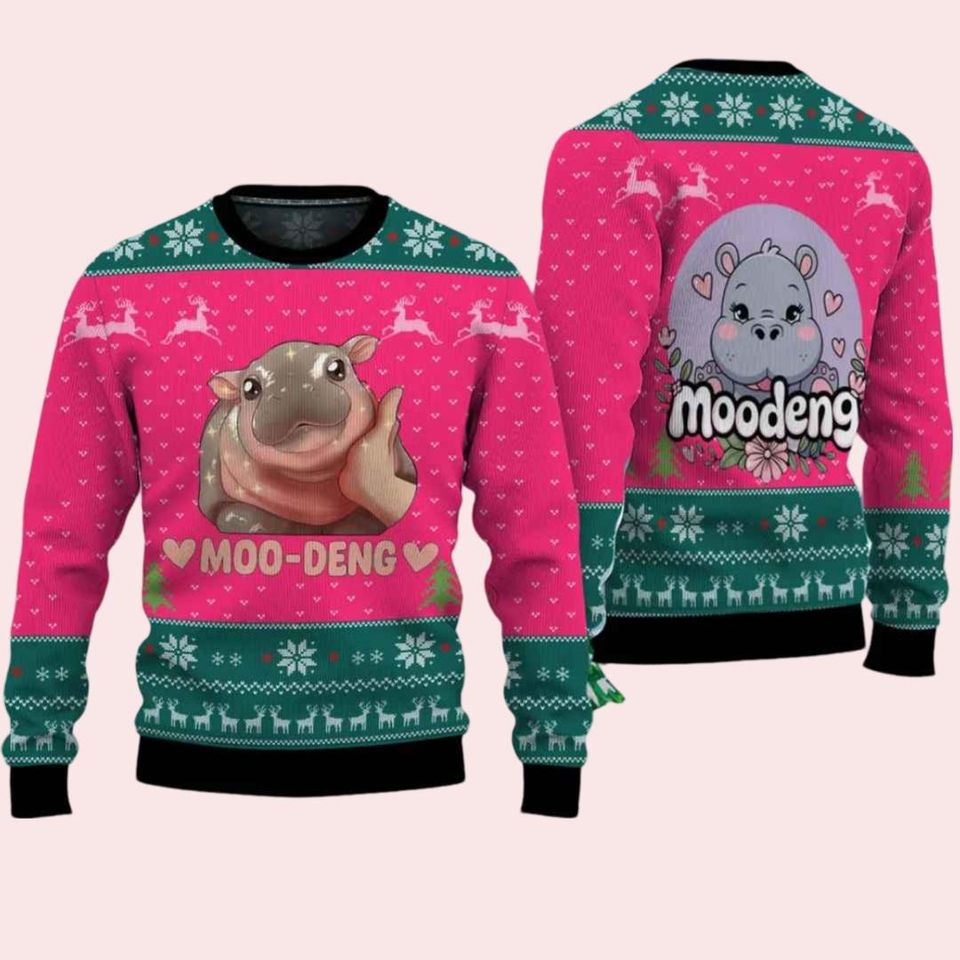 Moo Deng Christmas Sweater, Cute Baby Hippo Moo Deng Bouncy Pig Shirt - Image 2