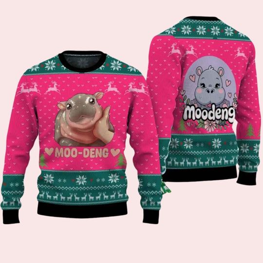Moo Deng Christmas Sweater, Cute Baby Hippo Moo Deng Bouncy Pig Shirt - Image 6