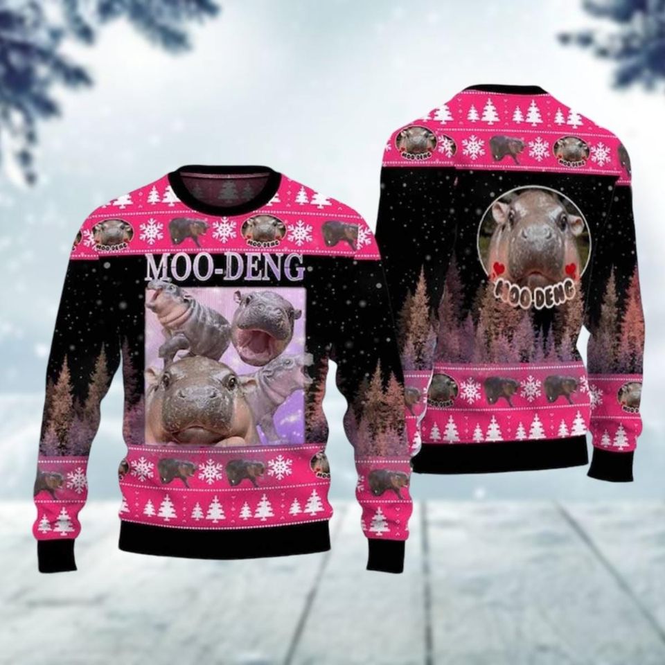 Moo Deng Gang Ugly Christmas Sweater, Cute Baby Hippo Xmas Sweater