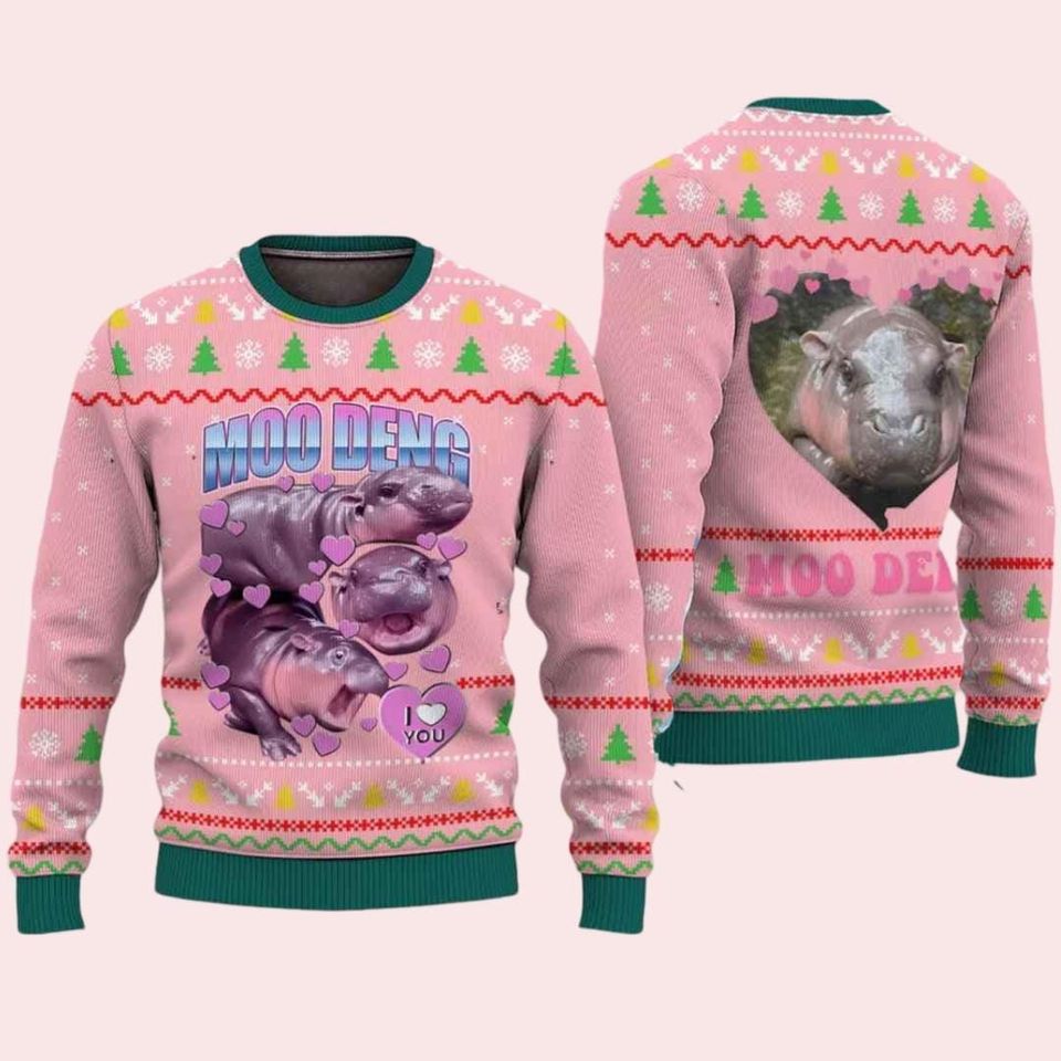Moo Deng In Thai Baby Hippo Ugly Christmas Sweater, Moo Deng Bouncy Pig Ugly