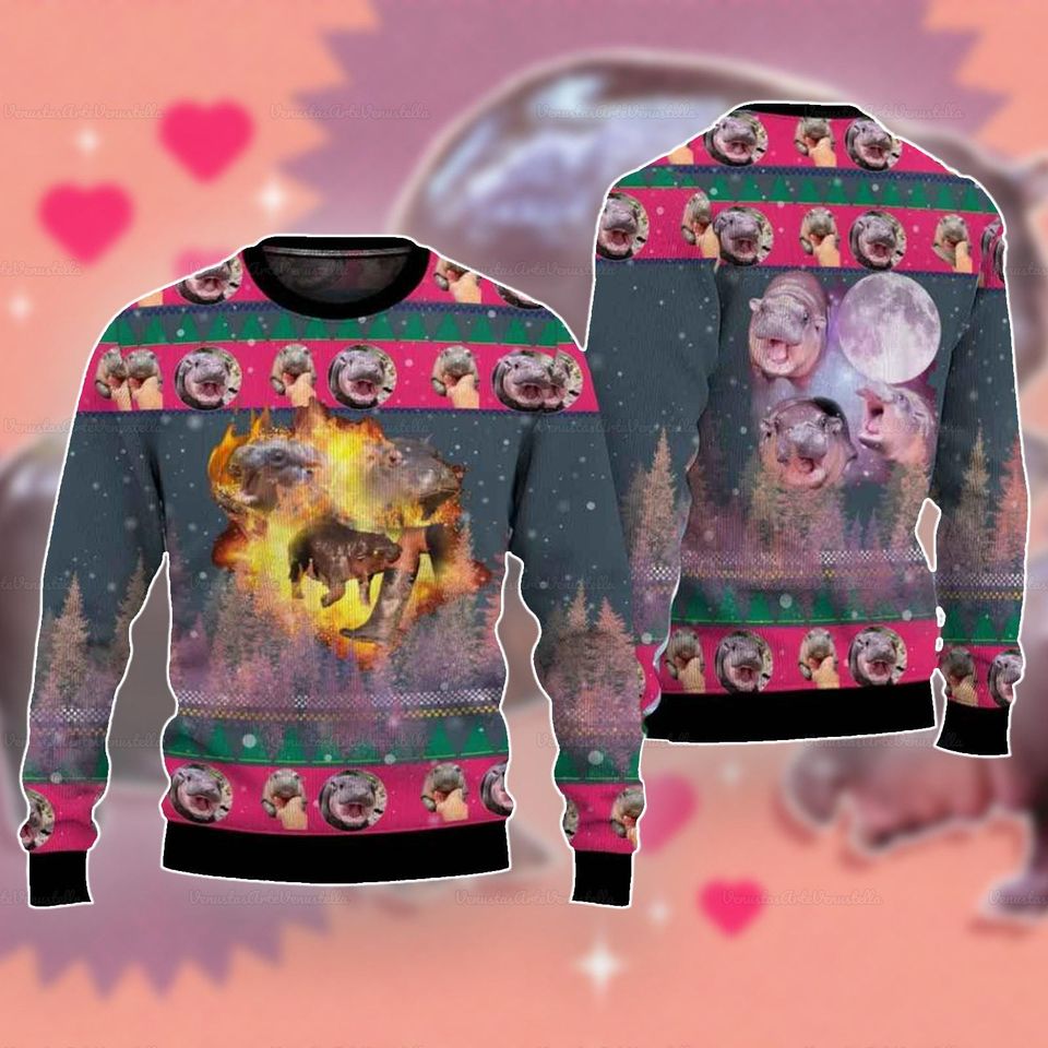 Moo Deng Ugly Christmas Sweater, Christmas Moodeng Sweater