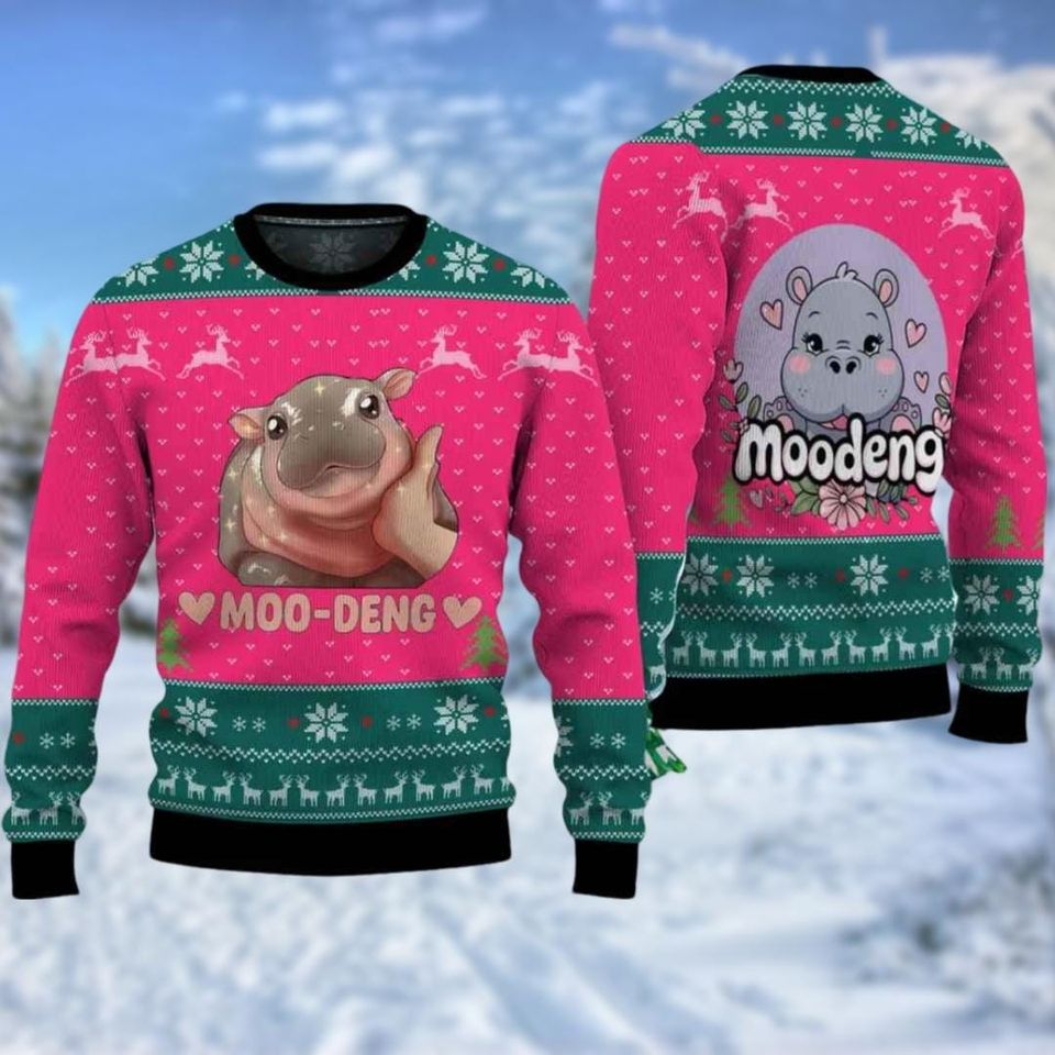 Moo Deng Ugly Christmas Sweater, Moo Deng Bouncy Pig In Thai Shirt