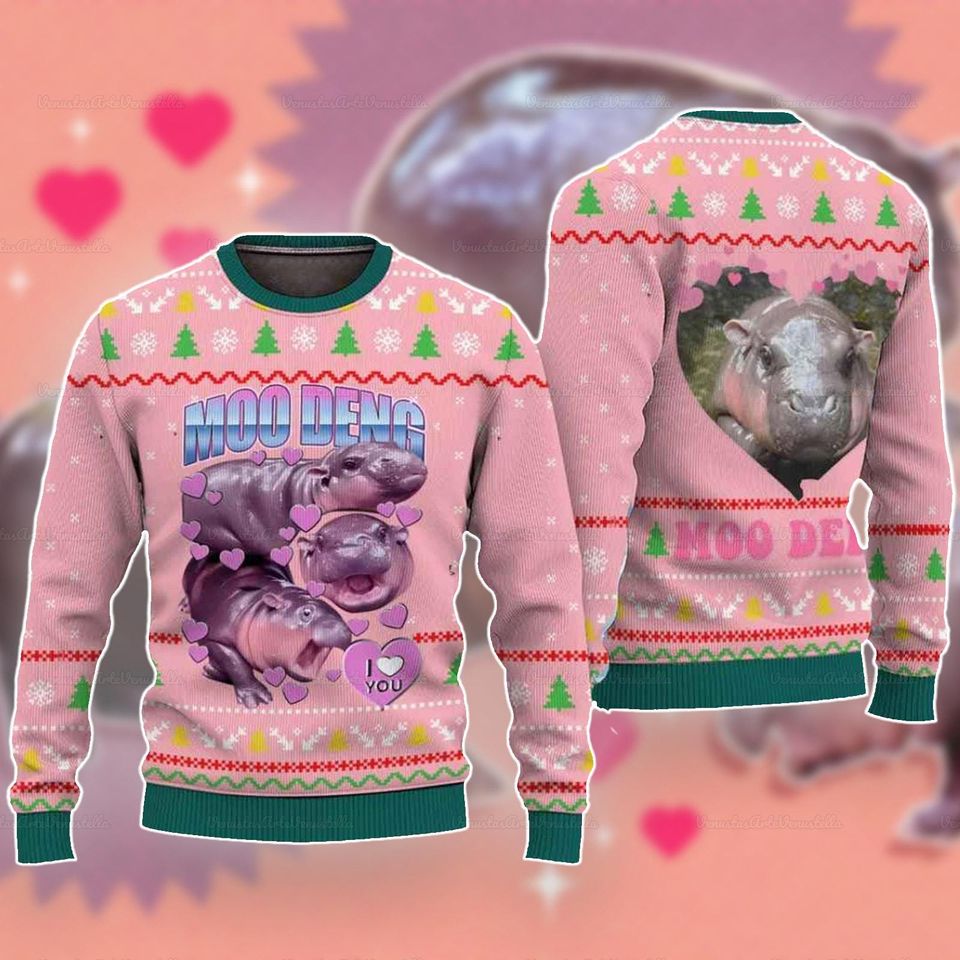 Moo Deng Ugly Christmas Sweater, Xmas Moodeng I Love You Sweater
