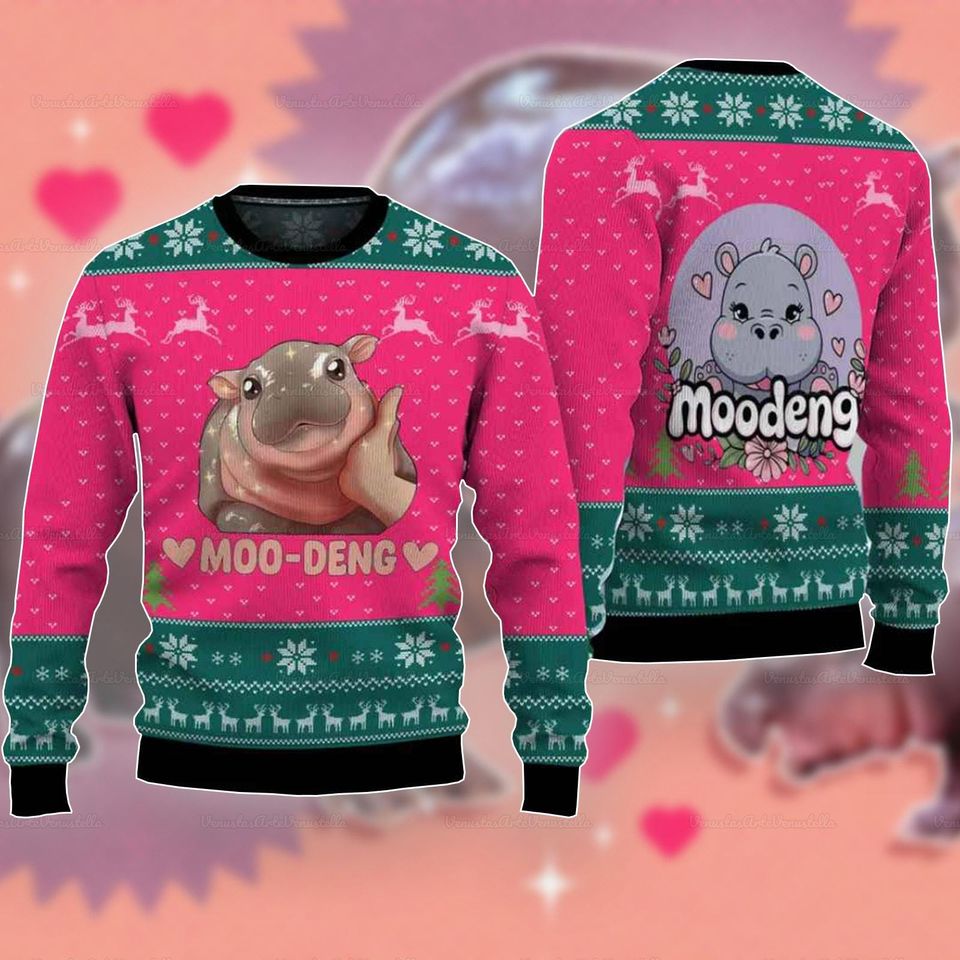 Moo Deng Ugly Christmas Sweater, Xmas Moodeng Sweater