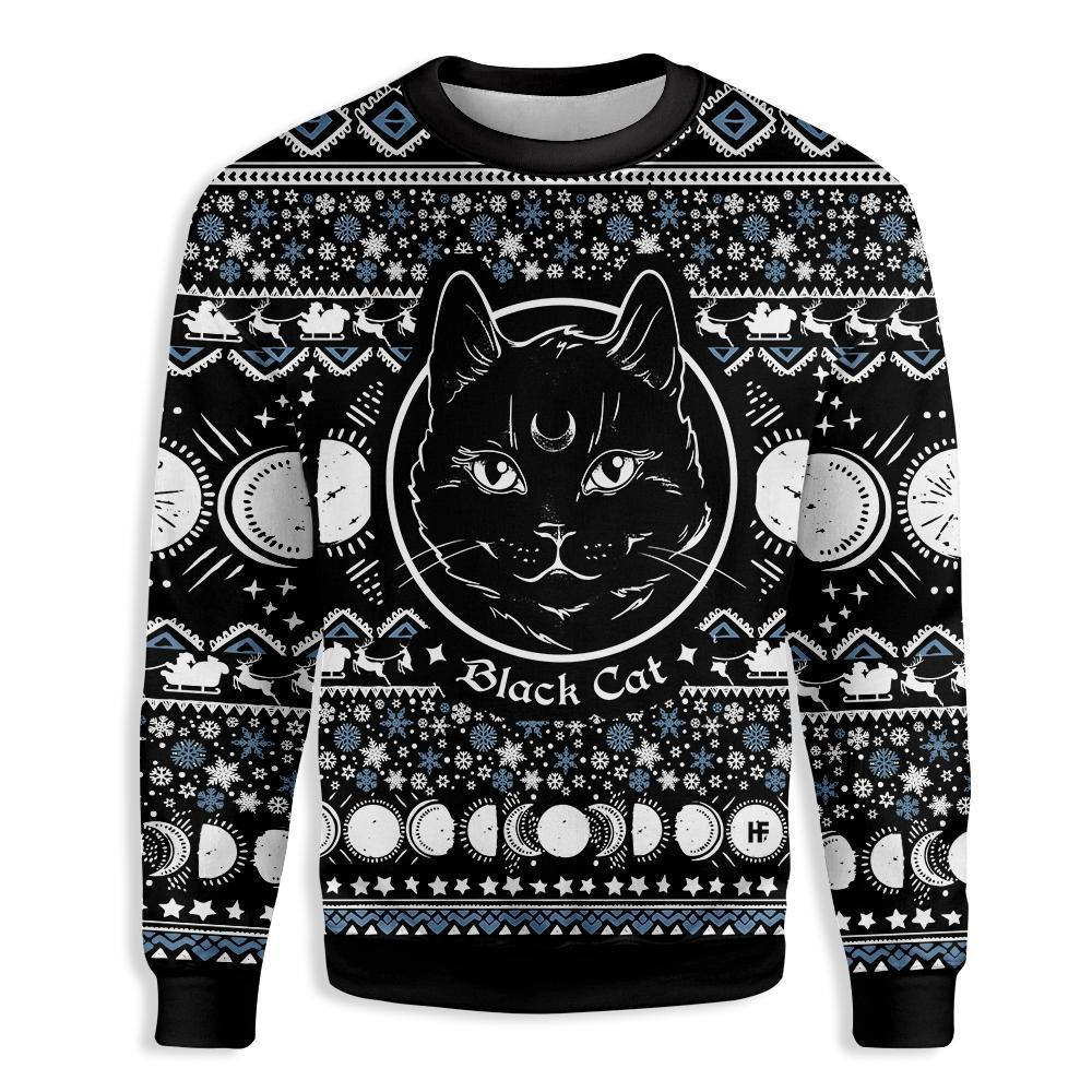 Moon Phase Cute Cat Christmas Wicca Ugly Christmas Sweater Adult 3D Funny Matching for family