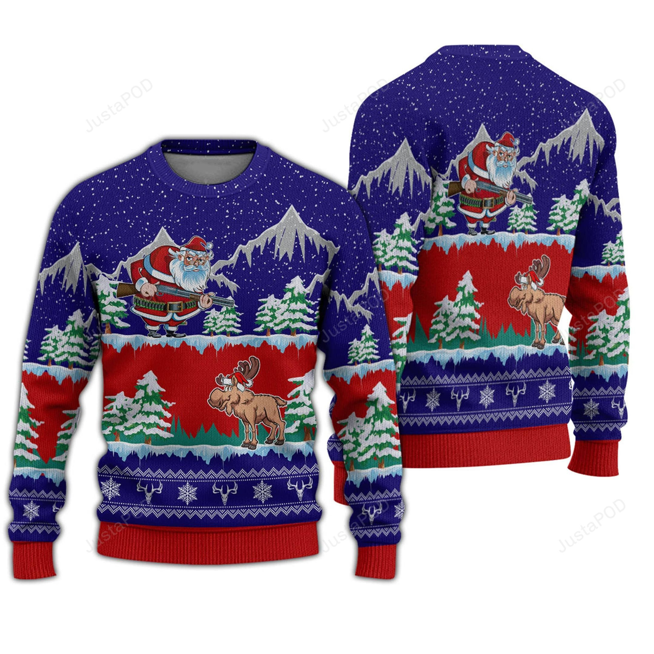 Moose Hunter Santa Ugly Christmas Sweater Adult 3D Funny Matching for family