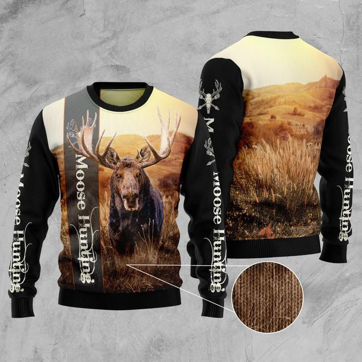 Moose Hunting Ugly Christmas Sweater Adult 3D Funny Matching for family