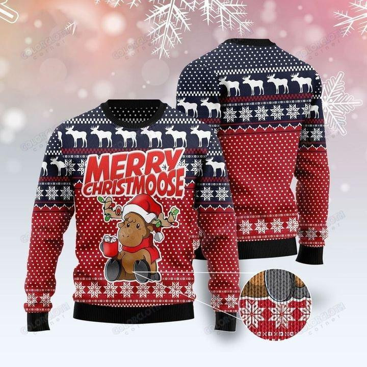 Moose Merry Ugly Christmas Sweater Adult 3D Funny Matching for family