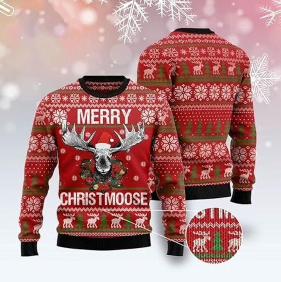 Moose Ugly Christmas Sweater, Merry Christ Moose Santa Sweater