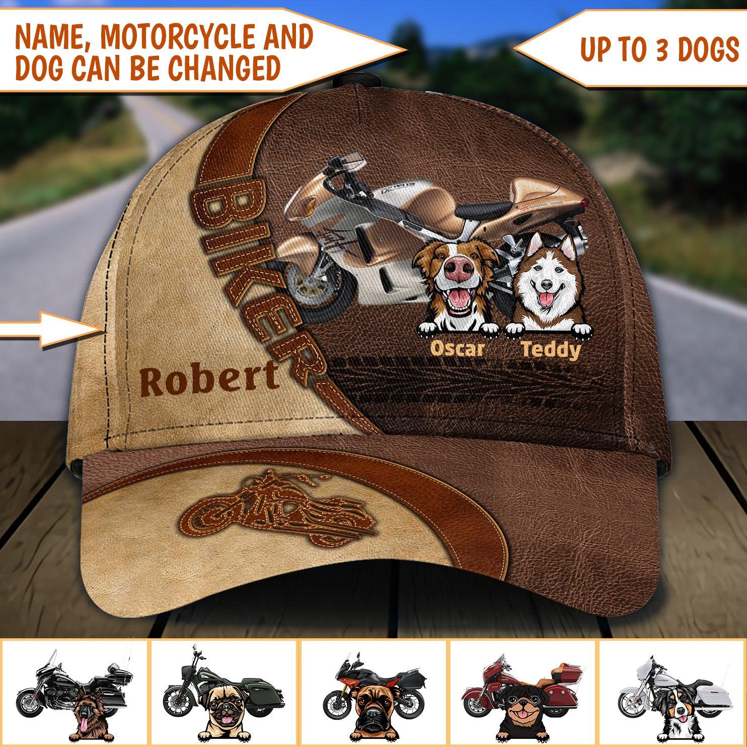 Motorcycle And Dogs Personalized Classic Cap, Personalized Gift for Dog Lovers, Dog Dad, Dog Mom, Personalized Gift for Motorcycle Lovers, Motorcycle Riders Trucker Hats Custom Hats Gifts For Men & Women