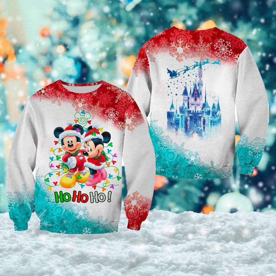 Mouse Couple 3D Christmas Sweater with Ho Ho Ho and Winter Magic Castle