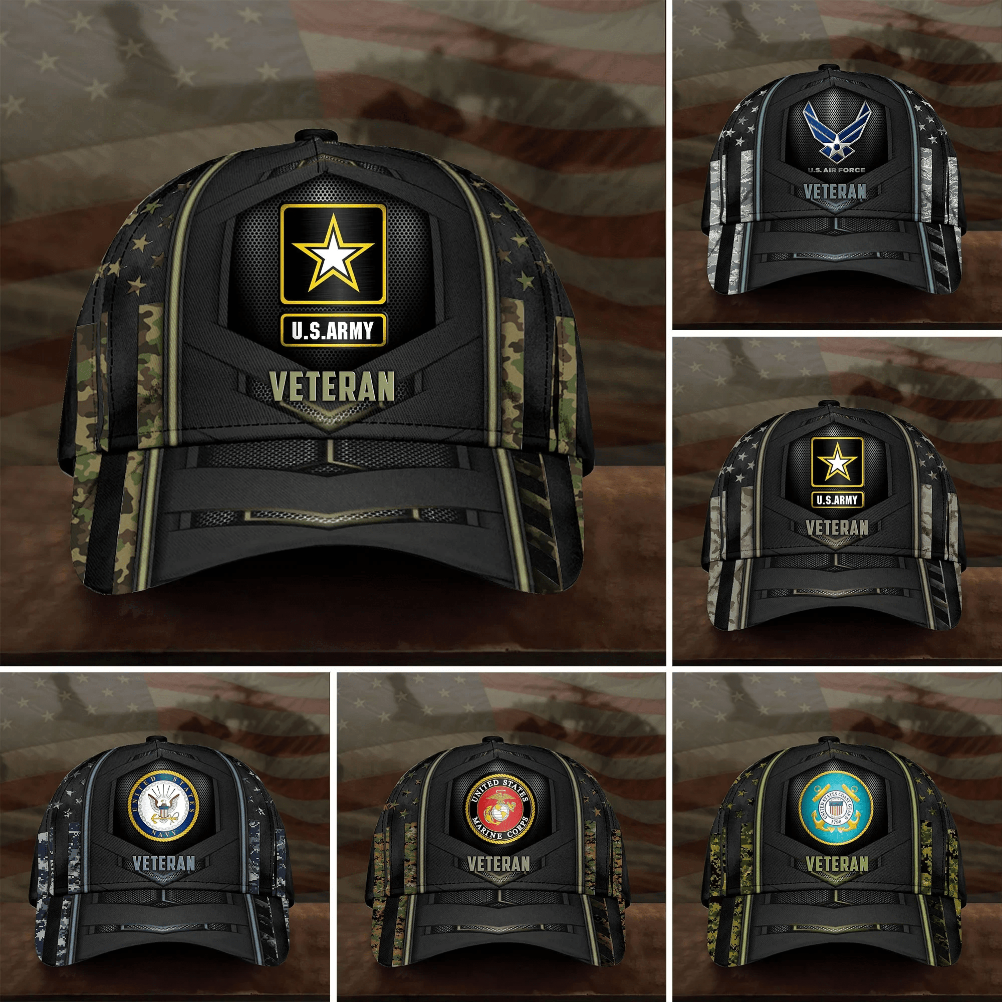 Multiservice U.S Veteran Cap 3D Printed Camo Cap Trucker Hats Custom Hats Gifts For Men & Women