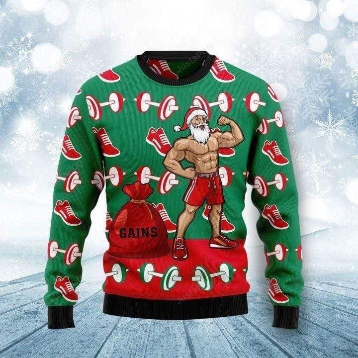 Muscle Santa Claus Workout Gains Red Green Ugly Christmas Sweater Adult 3D Funny Matching for family