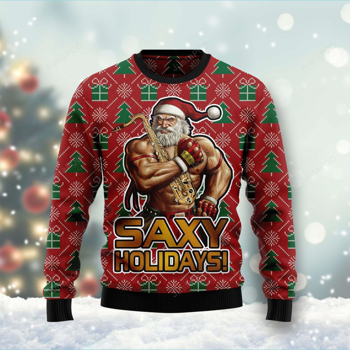 Muscle Santa Saxy Holidays Ugly Christmas Sweater Adult 3D Funny Matching for family