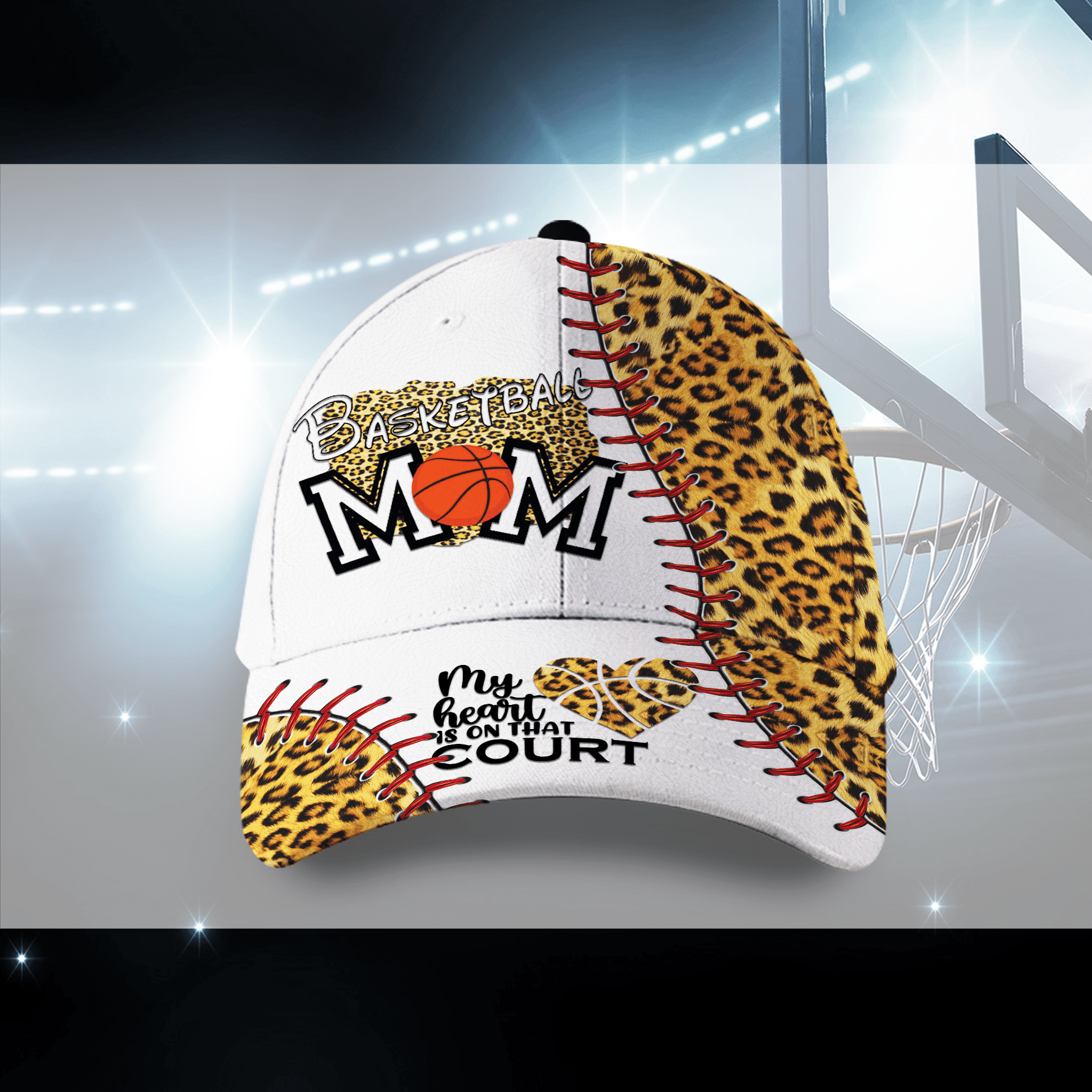 My Heart Is On That Court Basketball Mom Leopard Hat Classic Cap Trucker Hats Custom Hats Gifts For Men & Women