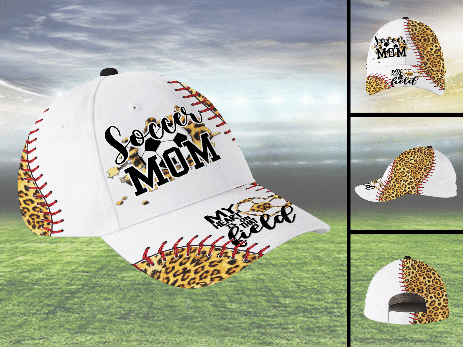 My Heart Is On That Field Soccer Mom Leopard Hat Classic Cap Trucker Hats Custom Hats Gifts For Men & Women