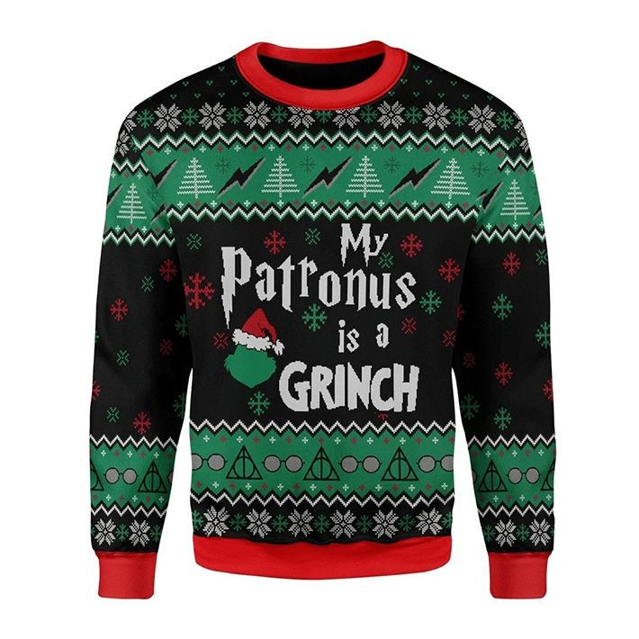 My Patronus Is A Santa Grinch For Grinch Lovers Ugly Christmas Sweater Adult 3D Funny Matching for family