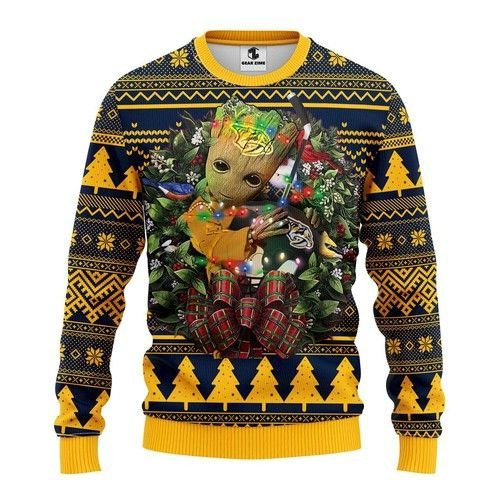 Nashville Predators Groot Hug Christmas For Fans Ugly Christmas Sweater Adult 3D Funny Matching for family