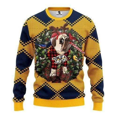 Nashville Predators Pug Dog For Unisex Ugly Christmas Sweater Adult 3D Funny Matching for family
