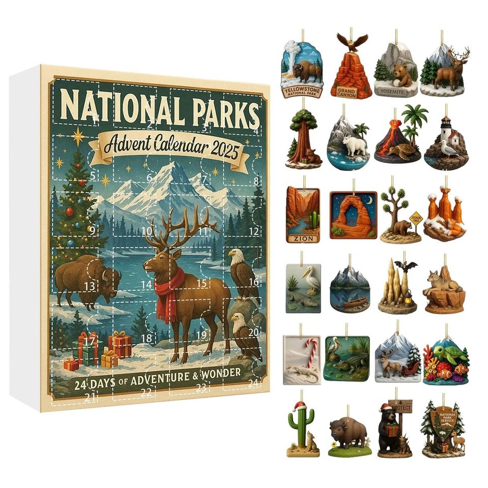 National Parks Advent Calendar 2025, Hiker Gift, Vintage Acrylic Ornaments