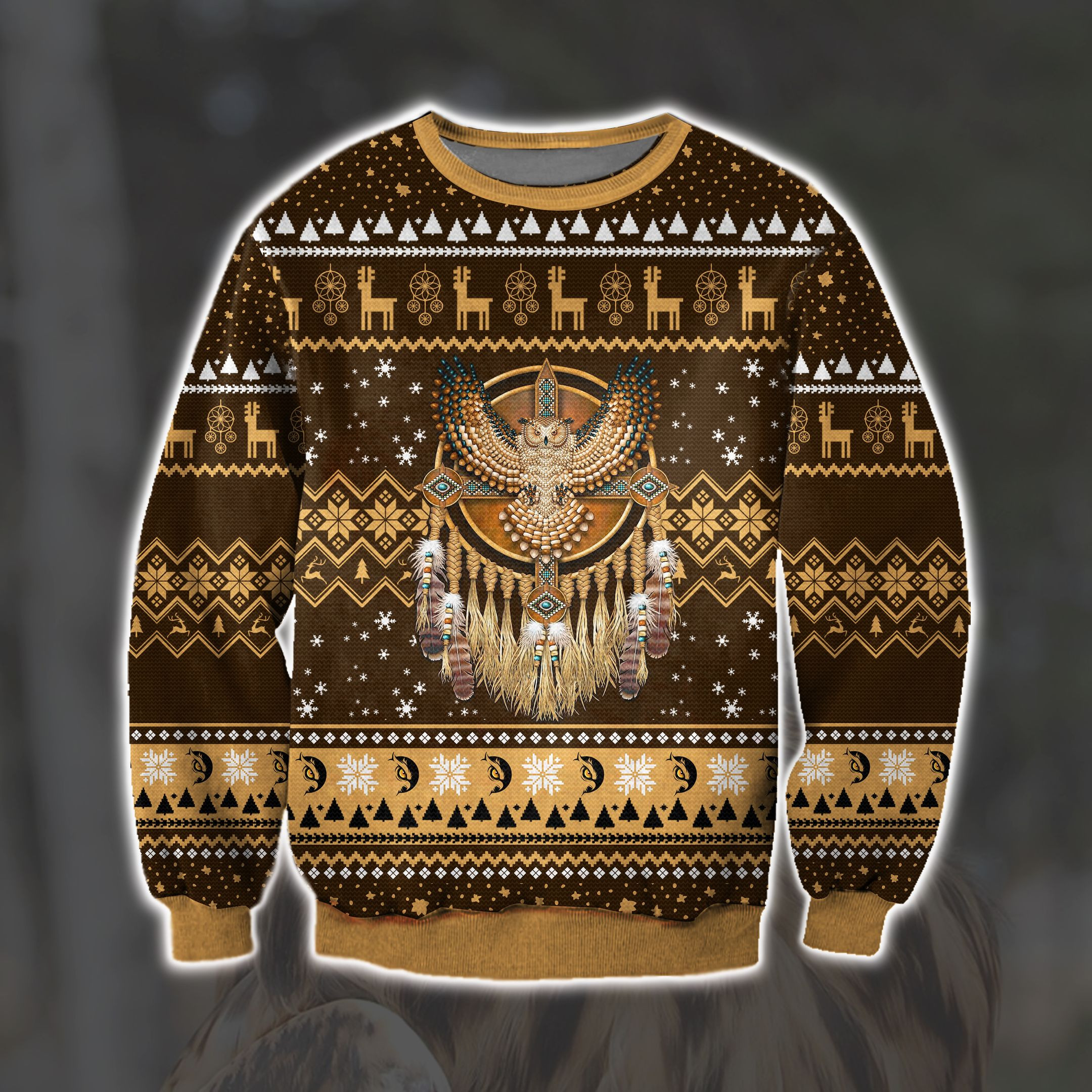 Native American Owl 3D Print Knitting Pattern Ugly Christmas Sweater Adult 3D Funny Matching for family