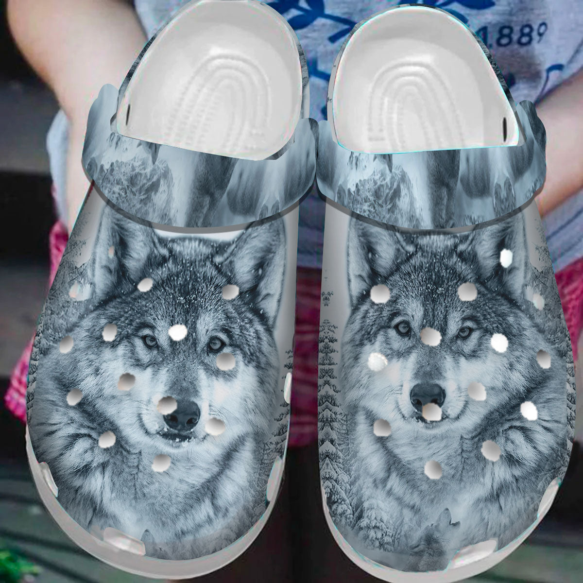 Native American Wihte Wolf Crocs Clog Shoes For Kid and Adult