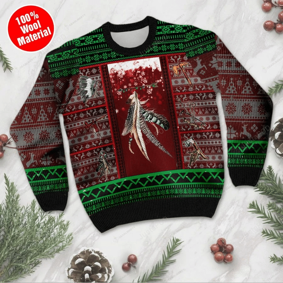 Native Feather Pattern Ugly Christmas Sweater Adult 3D Funny Matching for family
