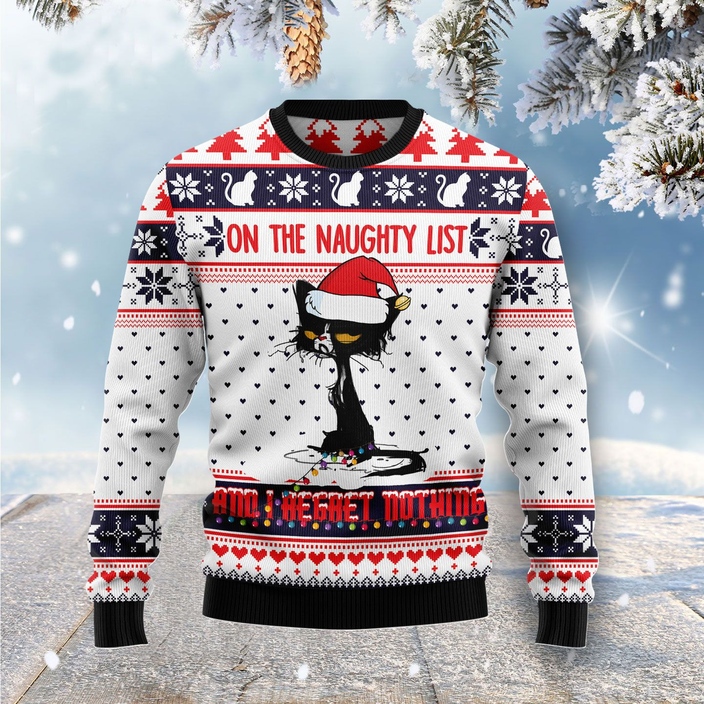 Naughty List Cat Meow Ugly Christmas Sweater Adult 3D Funny Matching for family