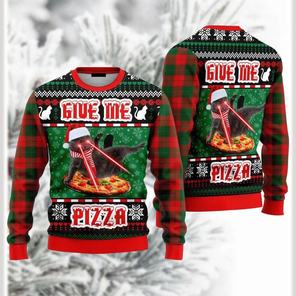 Naughty Pizza Cat With Laser Eyes Give Me Pizza Ugly Christmas Sweater