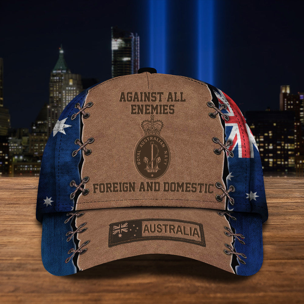 Navy Against All Enemies Foreign And Domestic Australian Flag Hat Patriotic Navy Veteran Gifts Hat Classic Cap Trucker Hats Custom Hats Gifts For Men & Women