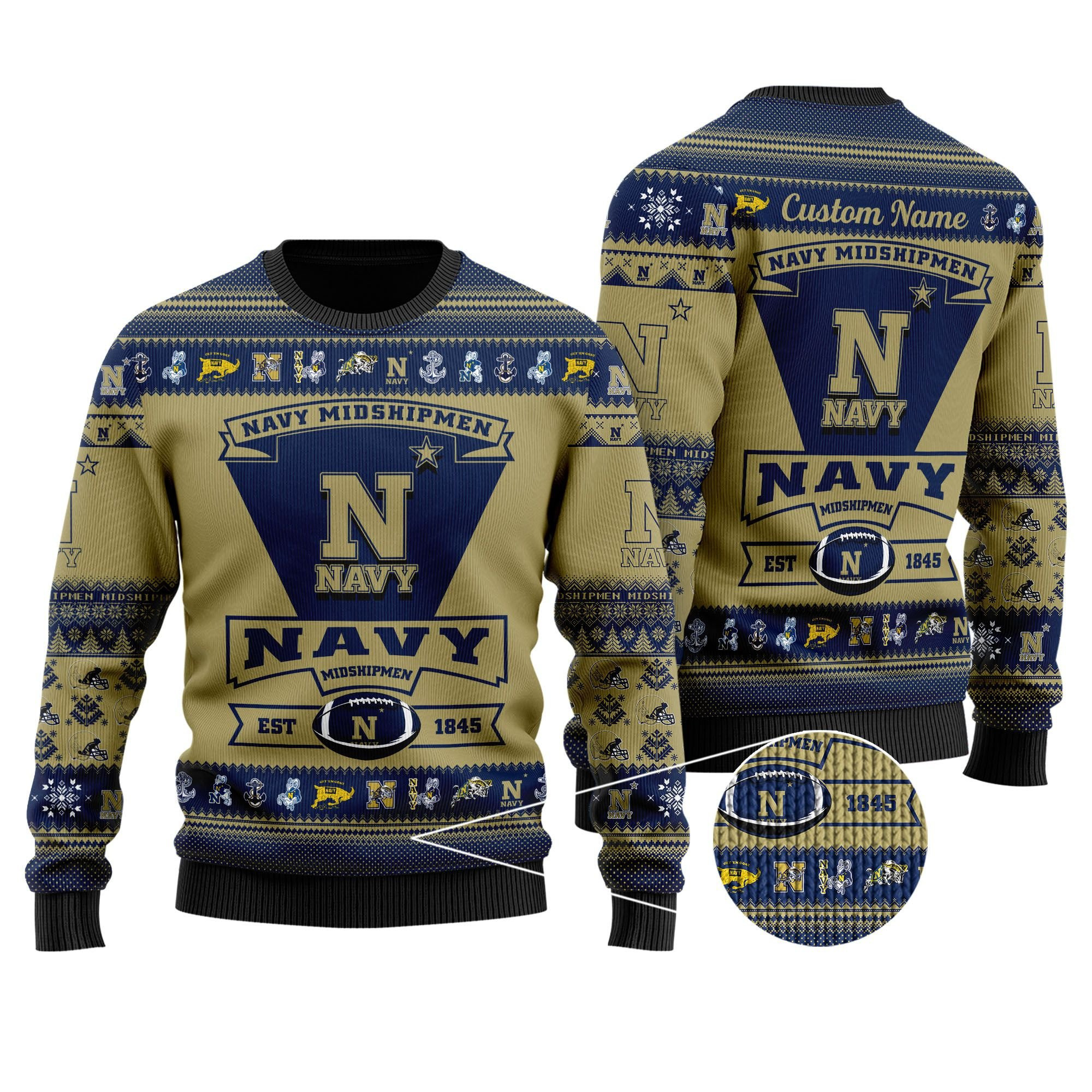 Navy Midshipmen Football Team Logo Custom Name Personalized Ugly Christmas Sweater Adult 3D Funny Matching for family